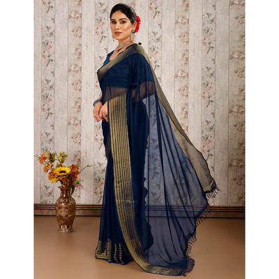 Blue Swarovski Work Chiffon Saree With Woven Border