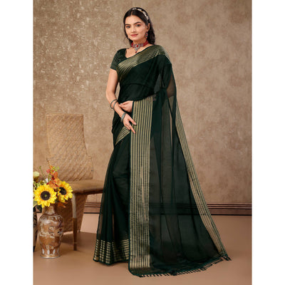 Bottle Green Swarovski Work Chiffon Saree With Woven Border