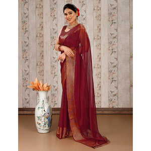 Maroon Swarovski Work Chiffon Saree With Woven Border
