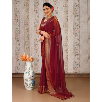 Maroon Swarovski Work Chiffon Saree With Woven Border