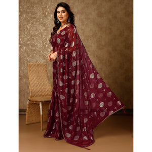 Maroon Foil Printed Chiffon Saree With Gota Patti Lace Border