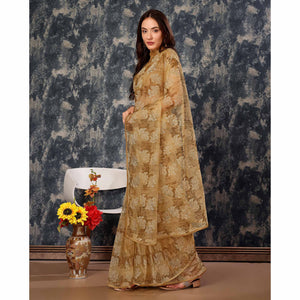 Chikoo Floral Printed With Zari Work Cotton Silk Saree