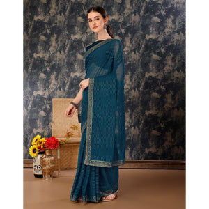 Blue Zari Embroidery Chiffon Saree With Lace Border