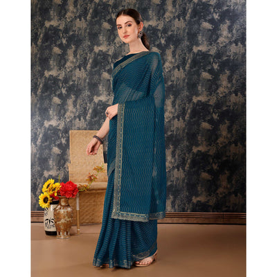 Blue Zari Embroidery Chiffon Saree With Lace Border