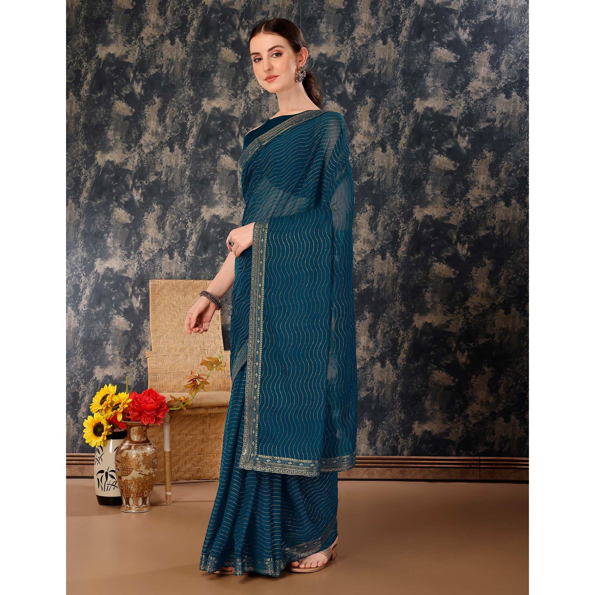 Blue Zari Embroidery Chiffon Saree With Lace Border