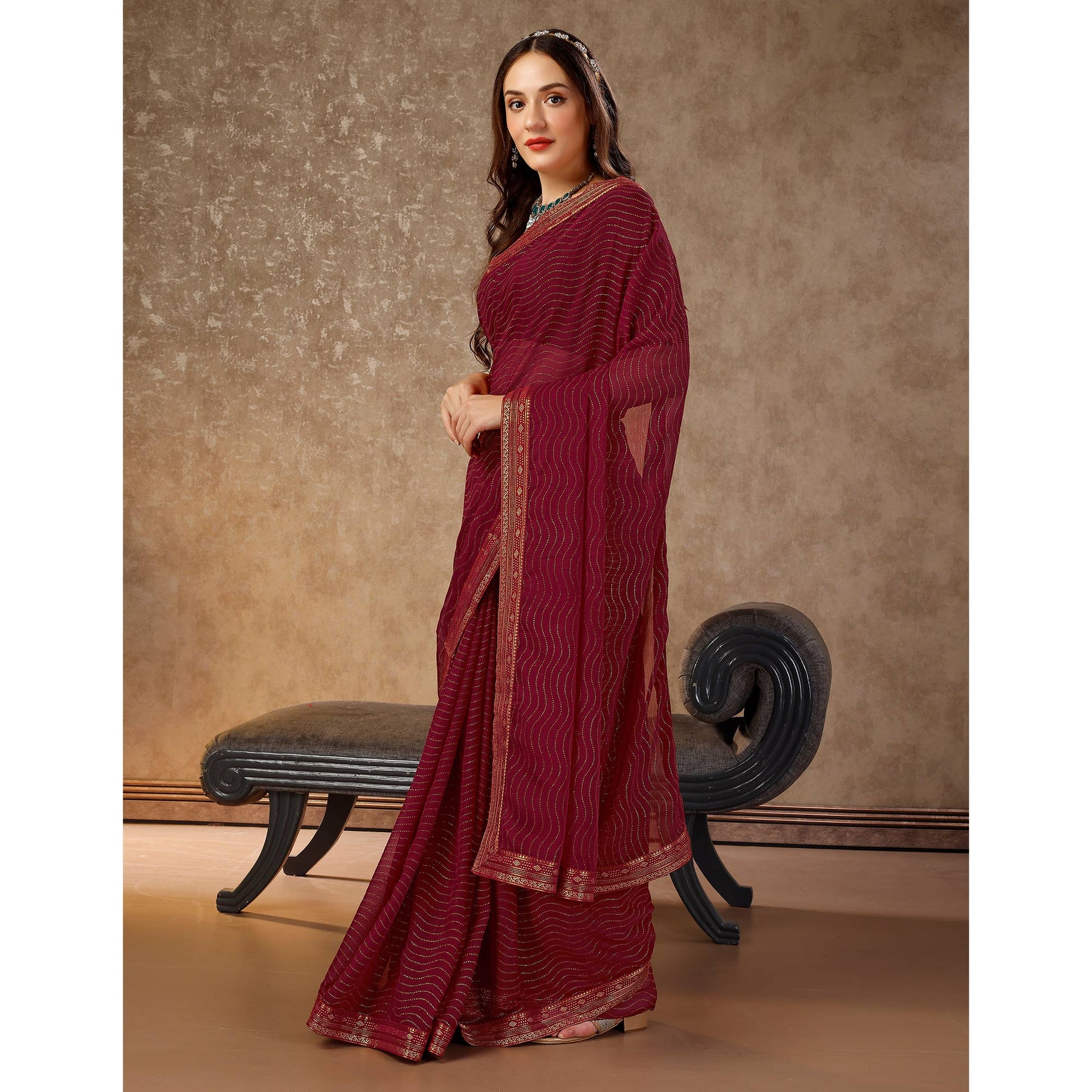 Maroon Zari Embroidery Chiffon Saree With Lace Border