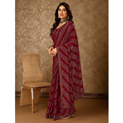 Maroon Bandhani Foil Printed Chiffon Saree With Lace Border