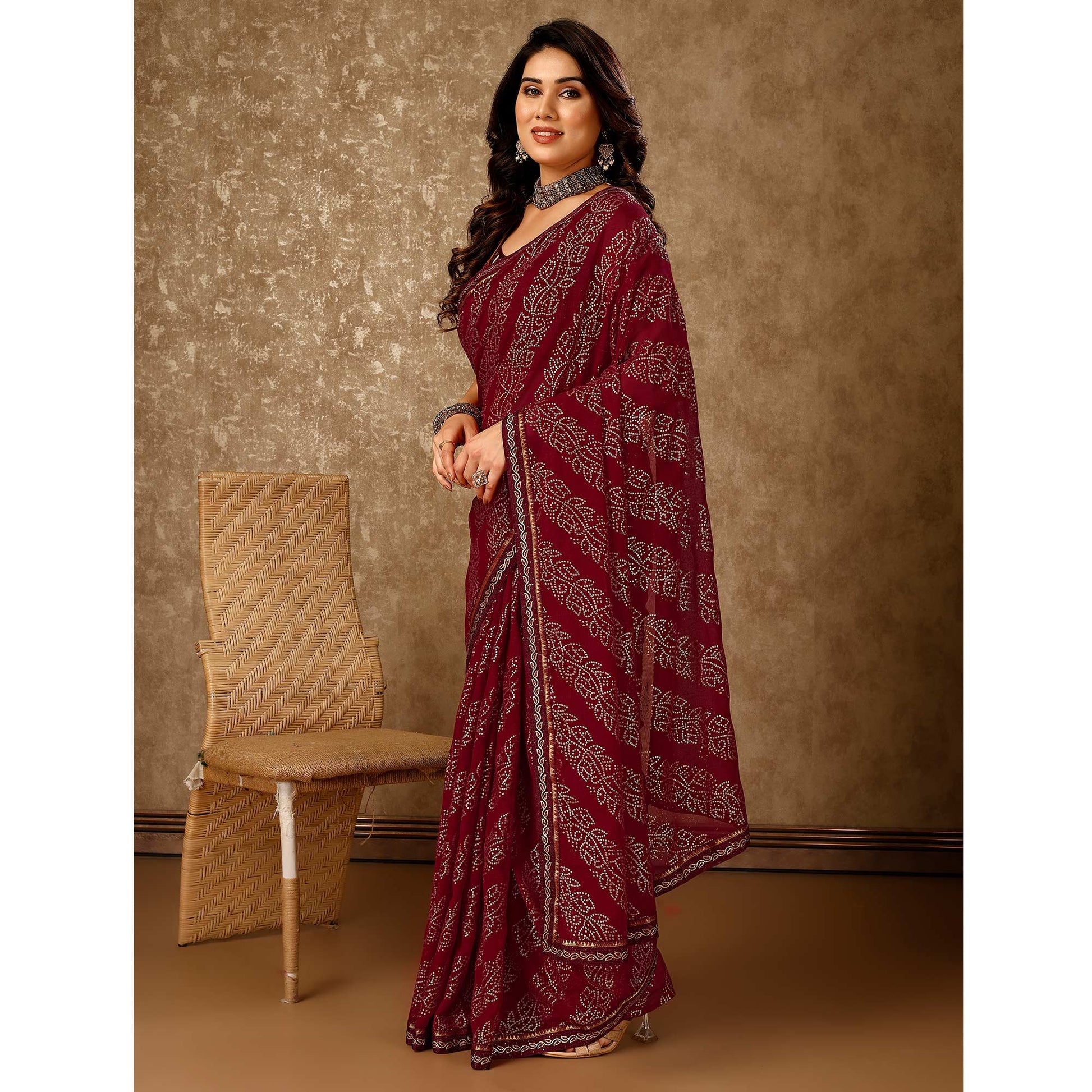 Maroon Bandhani Foil Printed Chiffon Saree With Lace Border