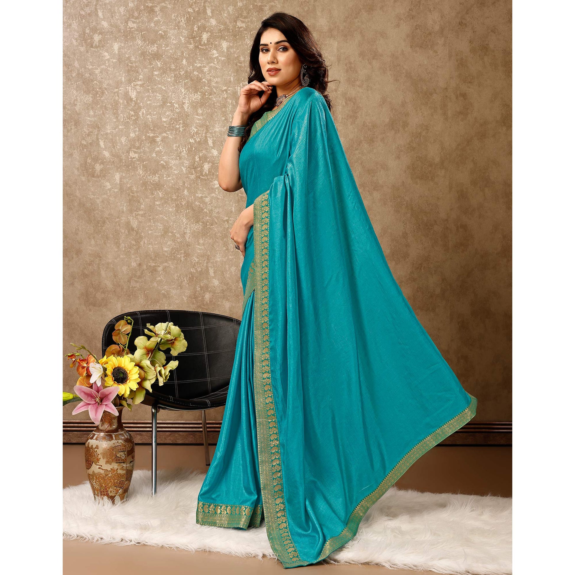 Blue Solid Saree Vichitra Silk With Zari Lace Border