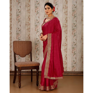 Maroon Solid Saree Vichitra Silk With Zari Lace Border