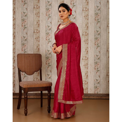 Maroon Solid Saree Vichitra Silk With Zari Lace Border