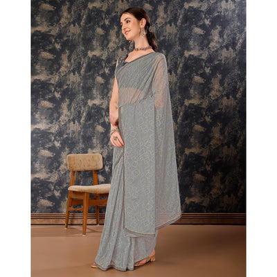 Grey Printed With Zari Work Chiffon Saree With Lace Border