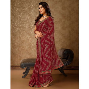 Maroon Foil Printed Chiffon Saree With Lace Border