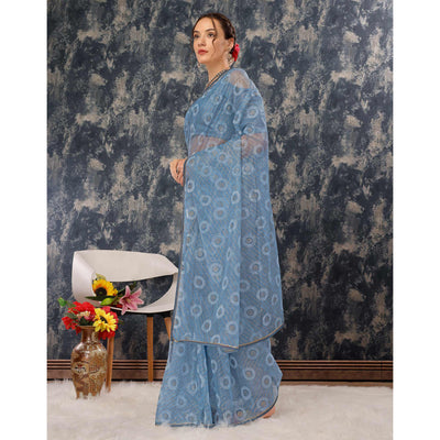 Greyish Blue Printed With Zari Work Cotton Silk Saree With Lace Border