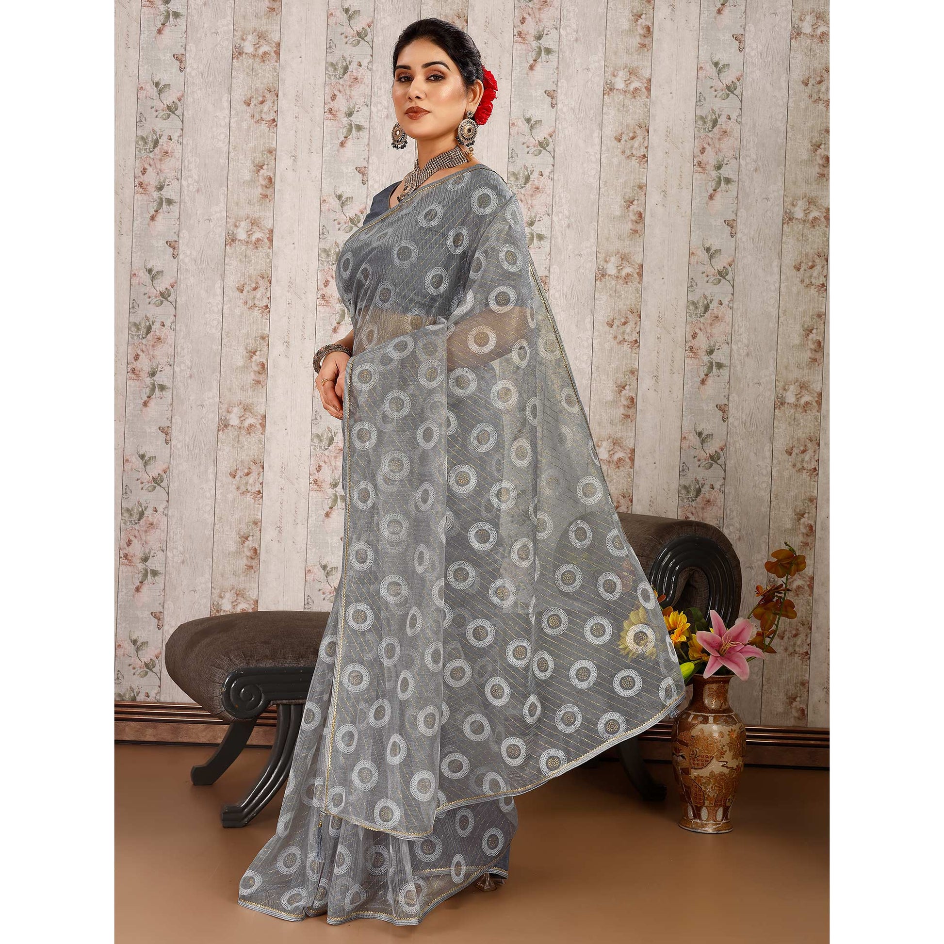 Grey Printed With Zari Work Cotton Silk Saree With Lace Border