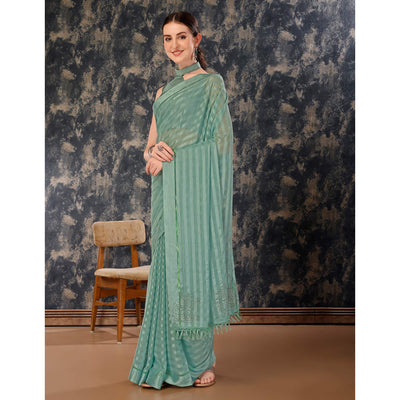 Dusty Green Swarovski Work Chiffon Saree With Tassels