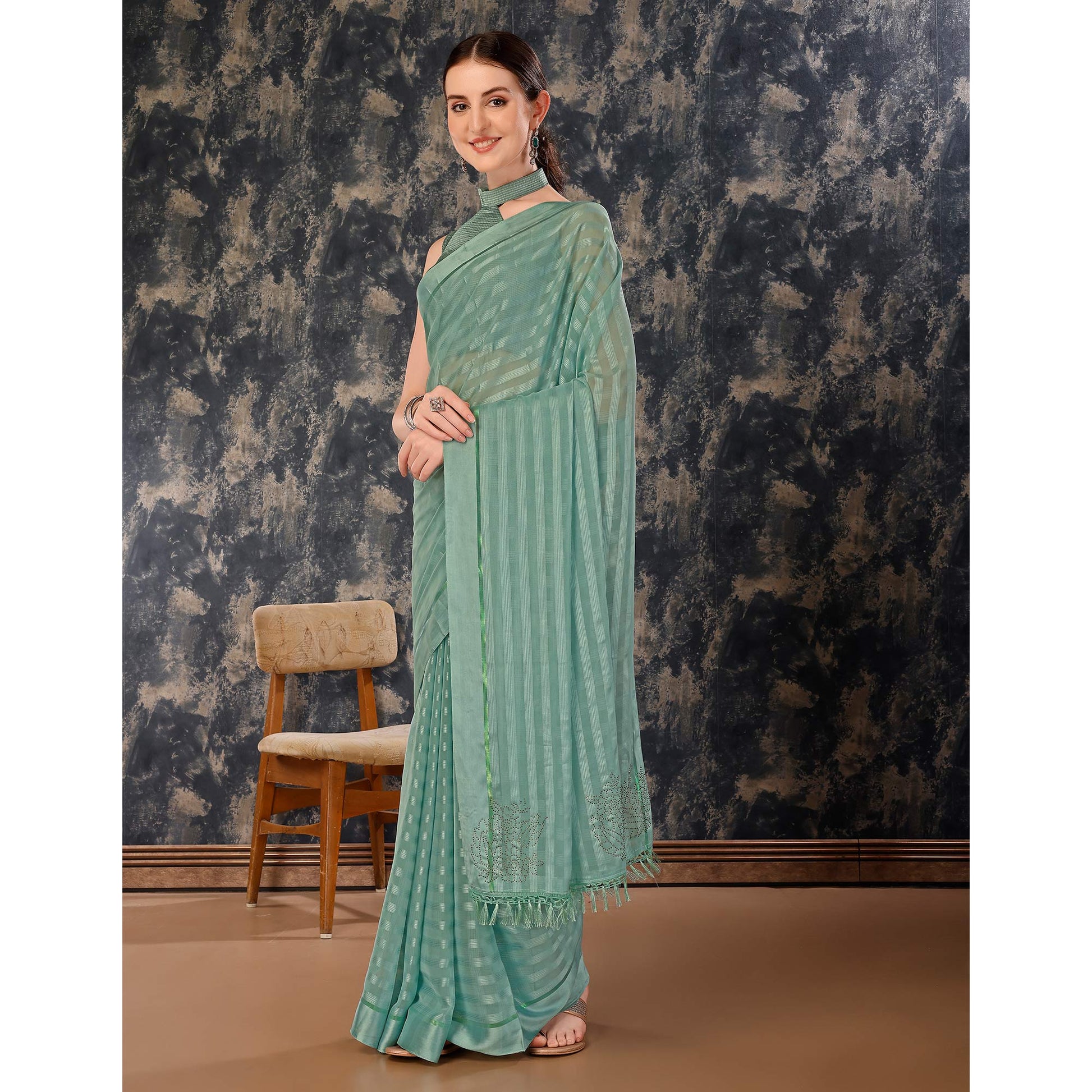 Dusty Green Swarovski Work Chiffon Saree With Tassels