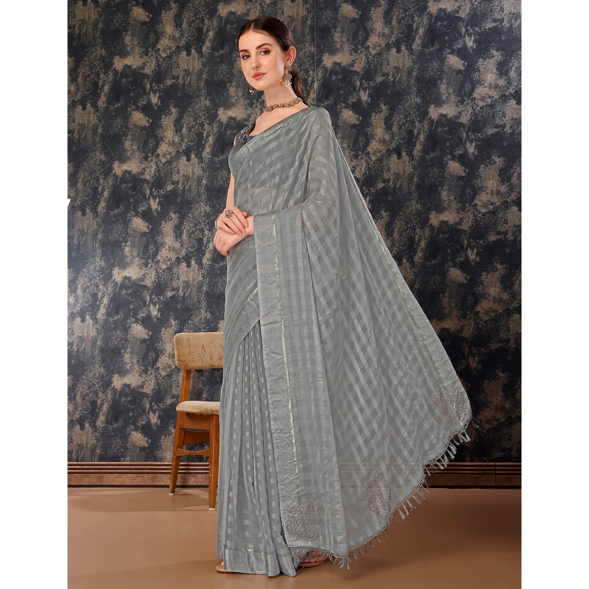 Grey Swarovski Work Chiffon Saree With Tassels
