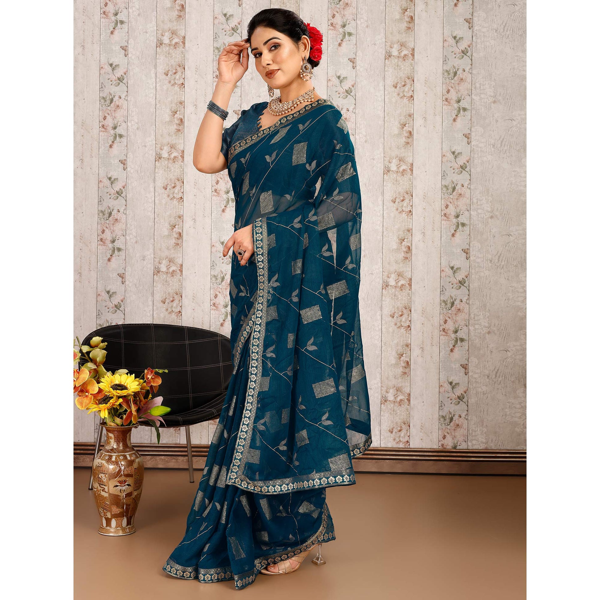 Morpich Floral Foil Printed Chiffon Saree With Lace Border