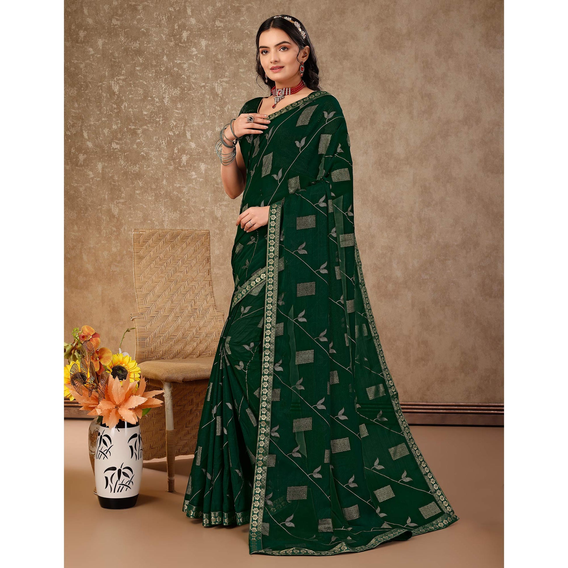 green-floral-foil-printed-chiffon-saree-with-lace-border-2