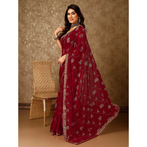 Maroon Floral Foil Printed Chiffon Saree With Lace Border