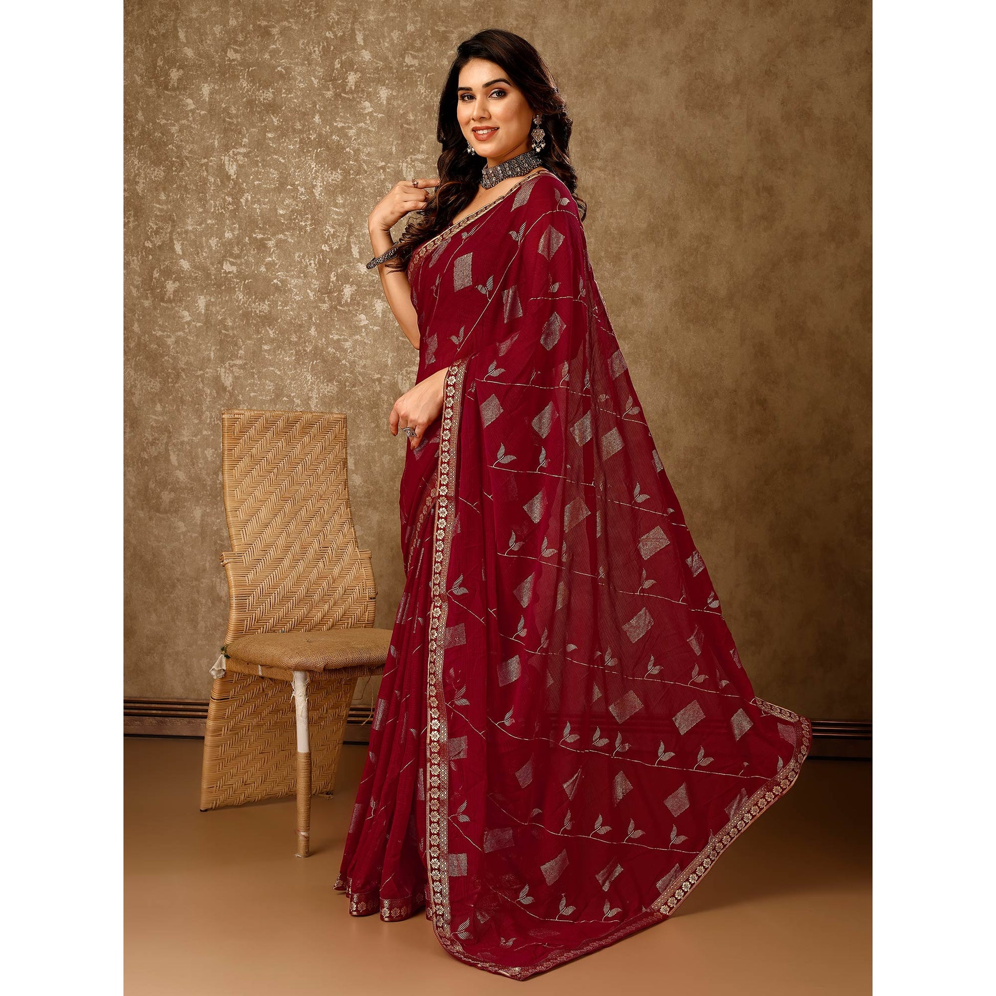 Maroon Floral Foil Printed Chiffon Saree With Lace Border