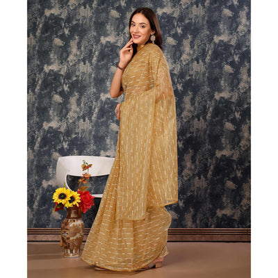 Chikoo Zari Printed Cotton Silk Saree Lace Border