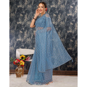 Greyish Blue Zari Printed Cotton Silk Saree Lace Border