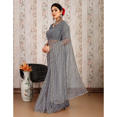 Grey Zari Printed Cotton Silk Saree Lace Border