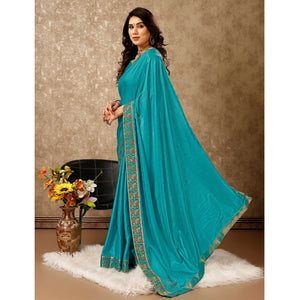 Blue Swarovski Work Vichitra Silk Saree Lace Border