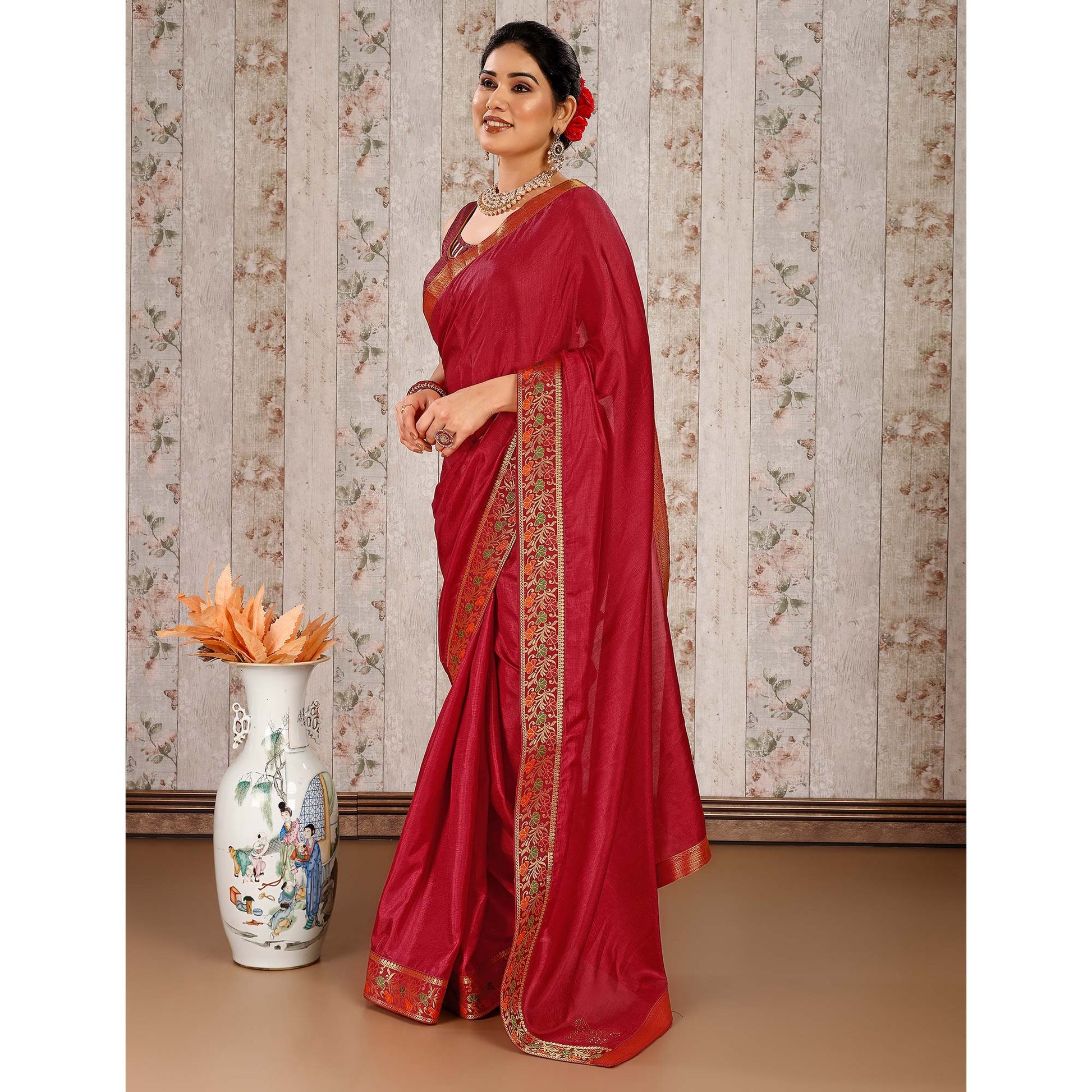 Maroon Swarovski Work Vichitra Silk Saree Lace Border