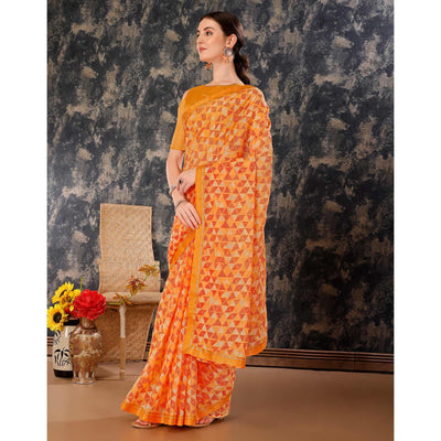 Light Orange Geometric Printed Chiffon Saree With Lace Border