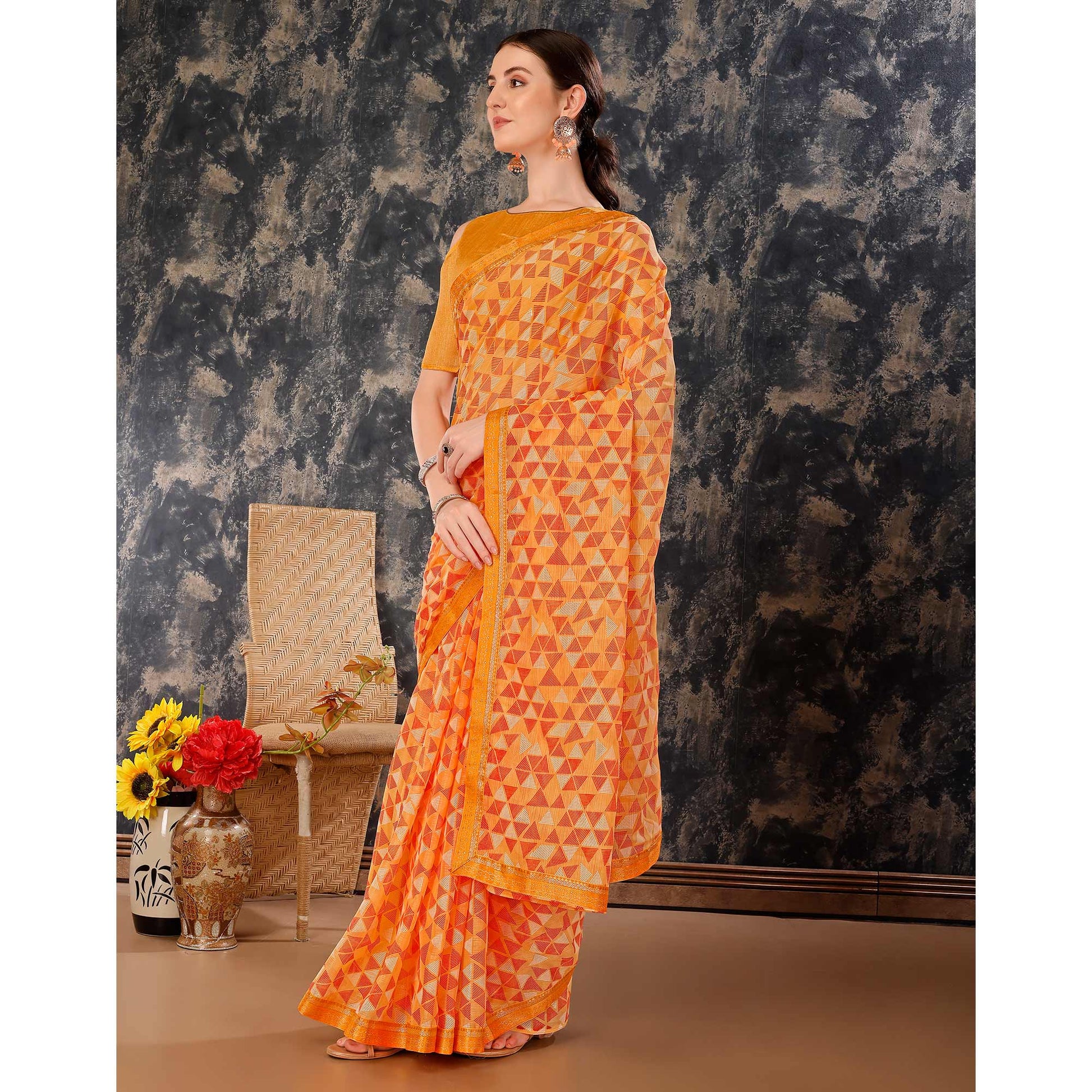 Light Orange Geometric Printed Chiffon Saree With Lace Border