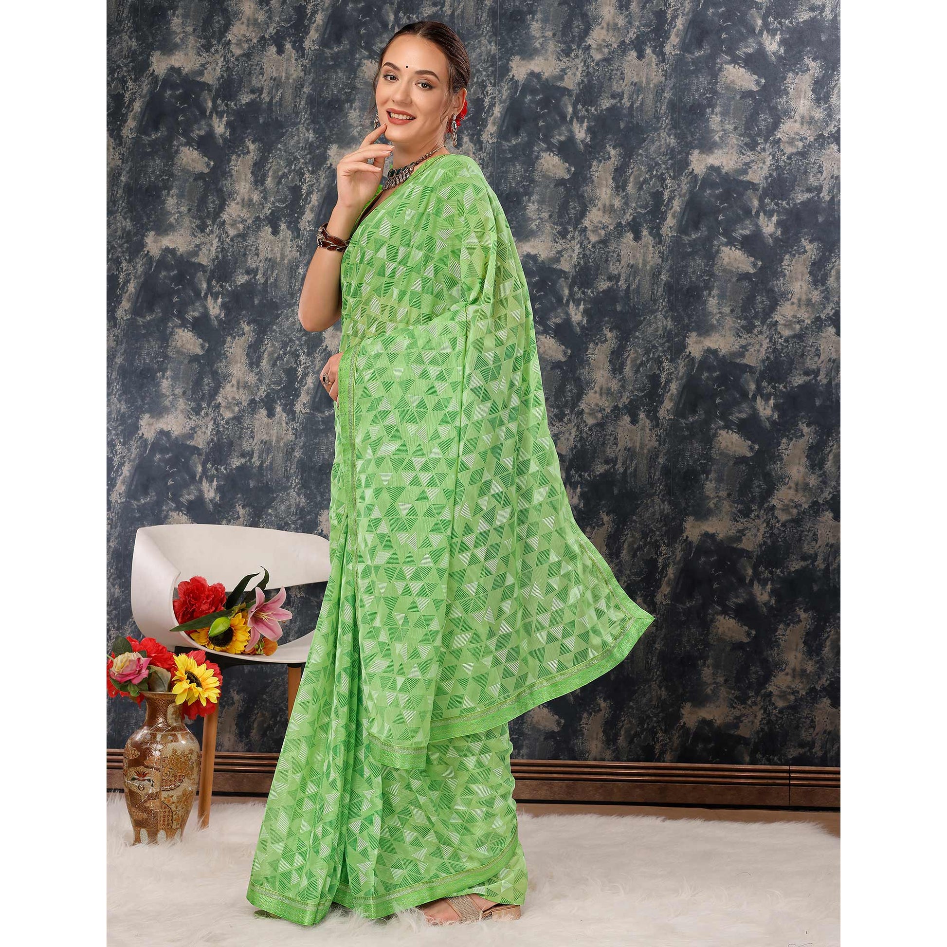 green-geometric-printed-chiffon-saree-with-lace-border