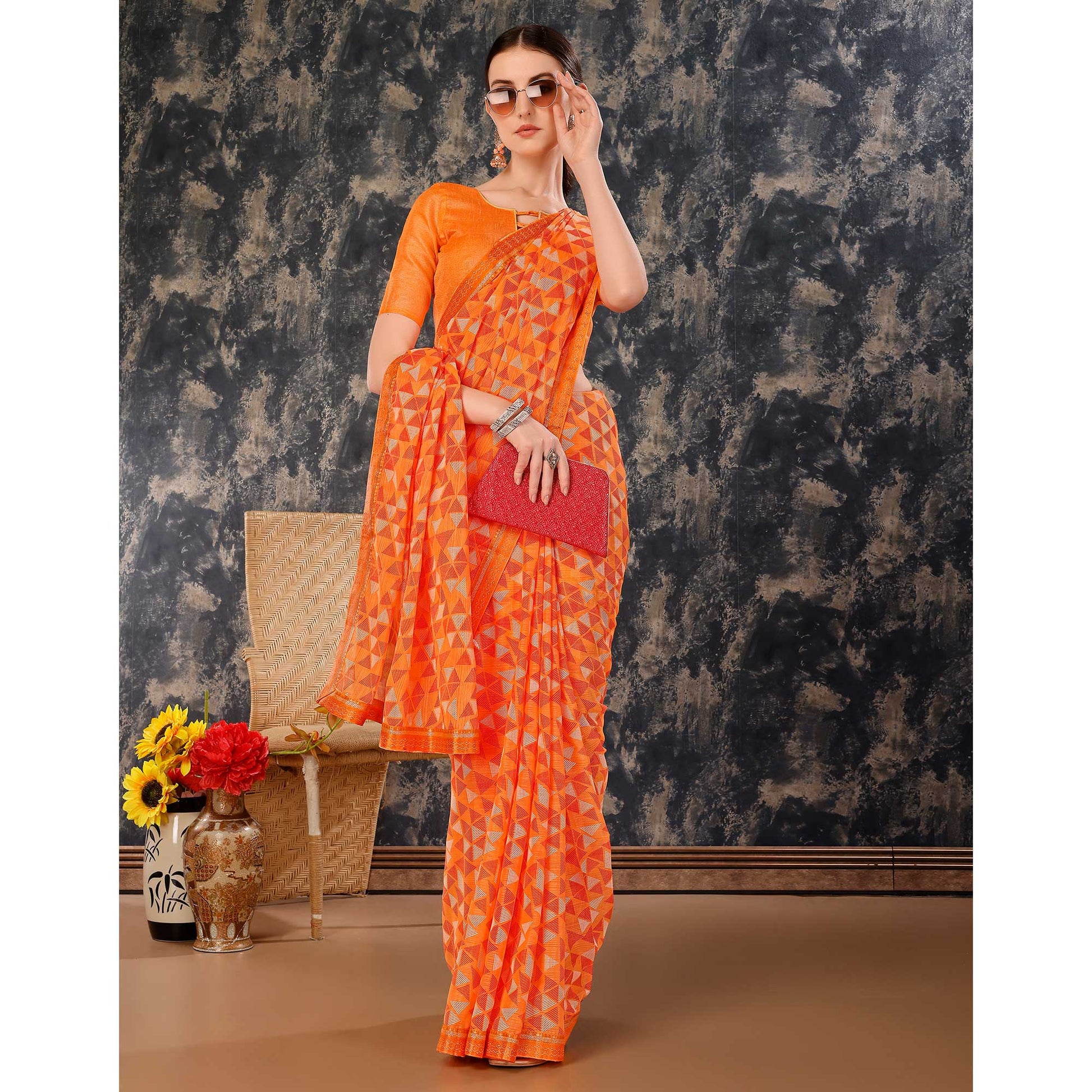 Dark Orange Geometric Printed Chiffon Saree With Lace Border