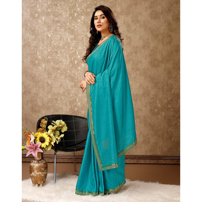 Blue Swarovski Work Vichitra Silk Saree With Lace Border