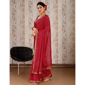 Maroon Swarovski Work Vichitra Silk Saree With Lace Border