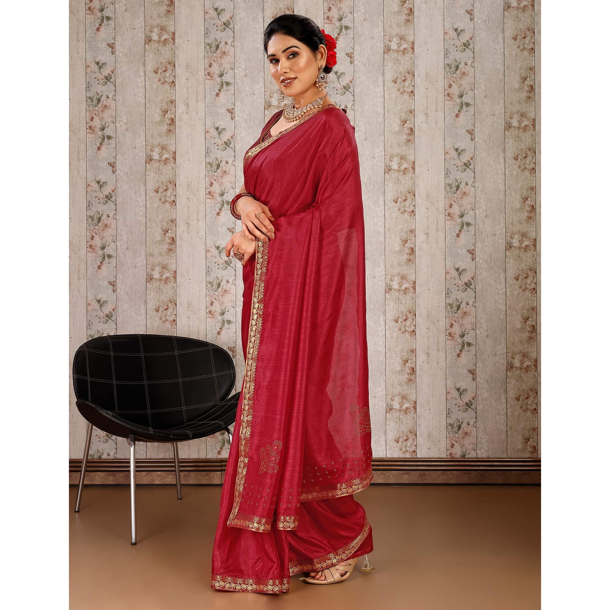 Maroon Swarovski Work Vichitra Silk Saree With Lace Border