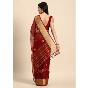 Maroon Floral Embroidered Organza Saree