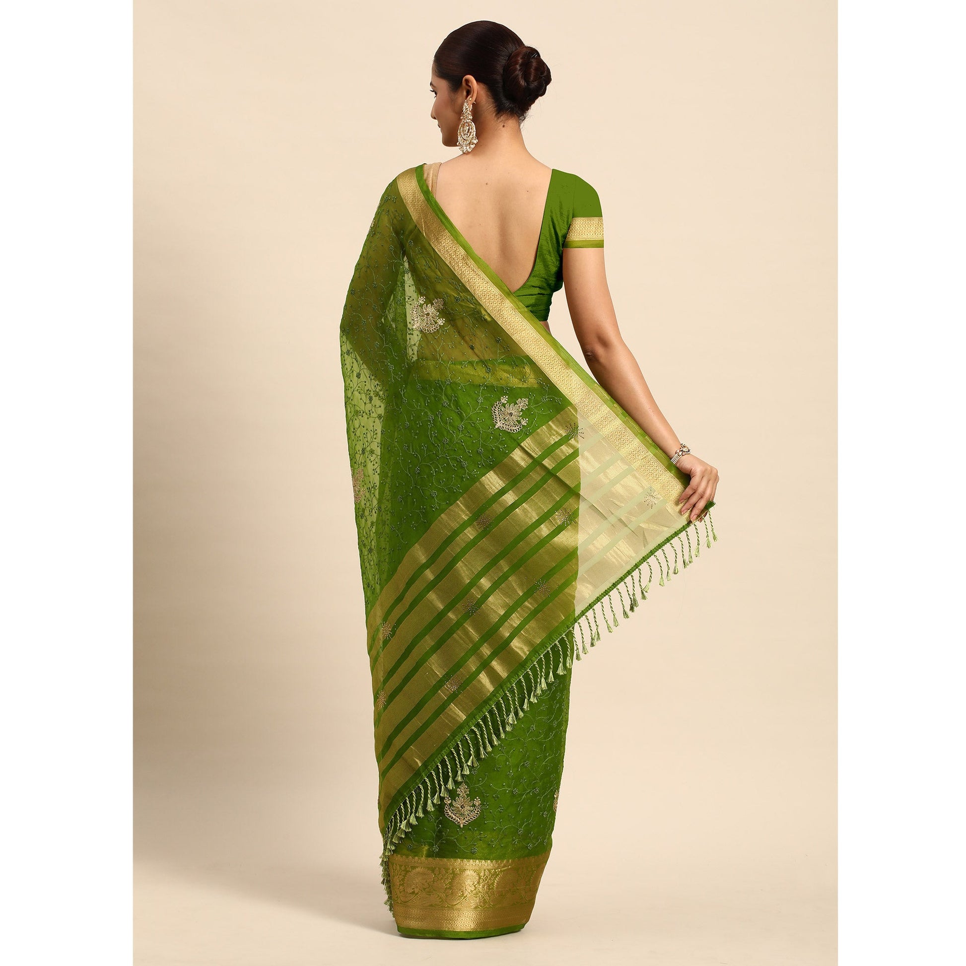 Mehendi Green Floral Embroidered Organza Saree