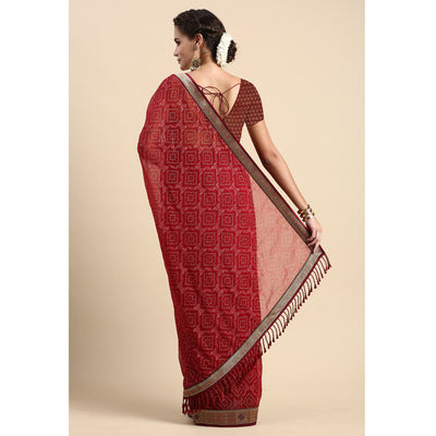 Maroon Foil Printed With Fancy Border Chiffon Saree