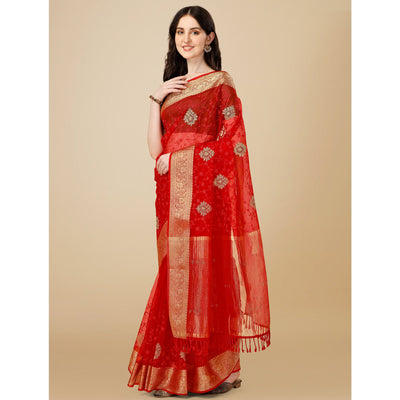 Maroon Floral Embroidered Organza Saree