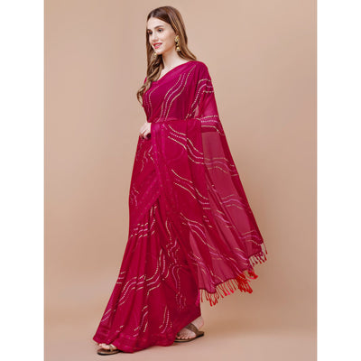 Magenta Bandhani Printed Chiffon Saree With Tassels
