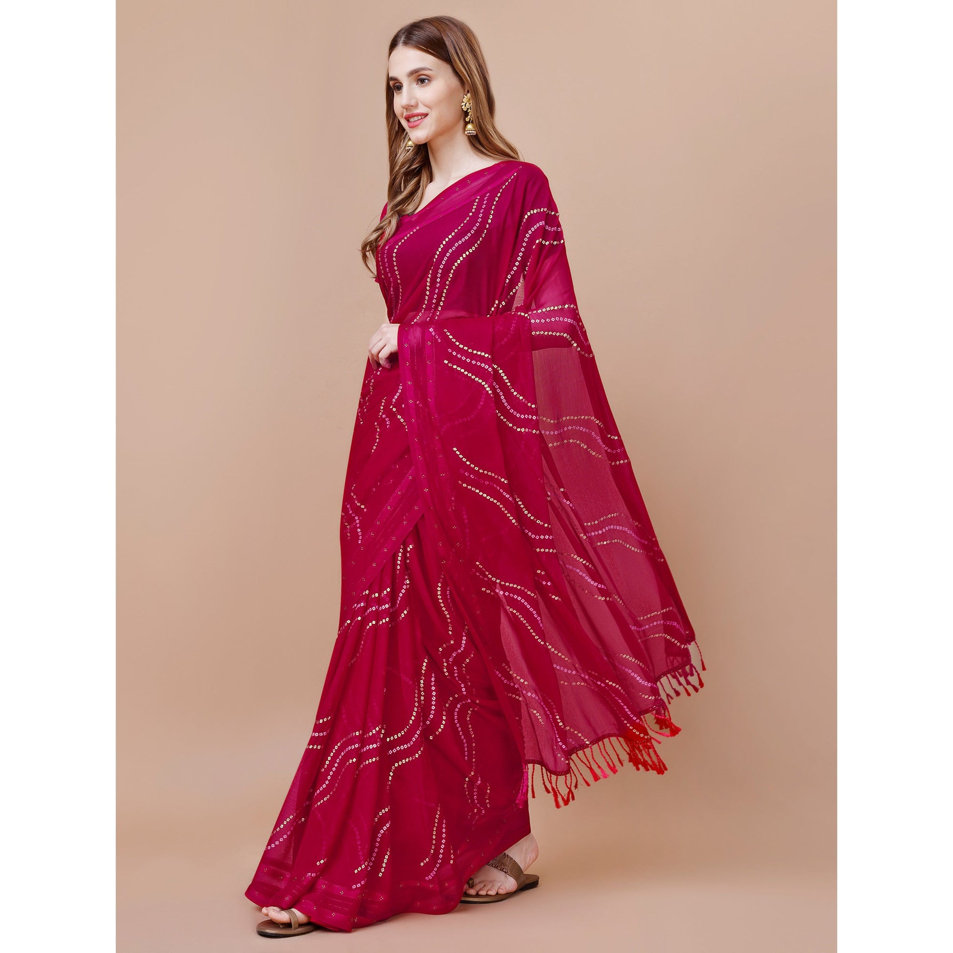 Magenta Bandhani Printed Chiffon Saree With Tassels