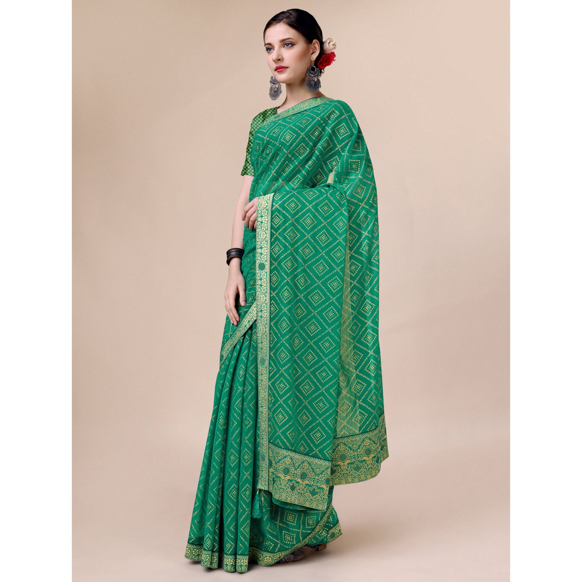 green-bandhani-foil-printed-chiffon-saree-with-tassels