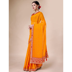 Bright Orange Bandhani Foil Printed Chiffon Saree With Tassels