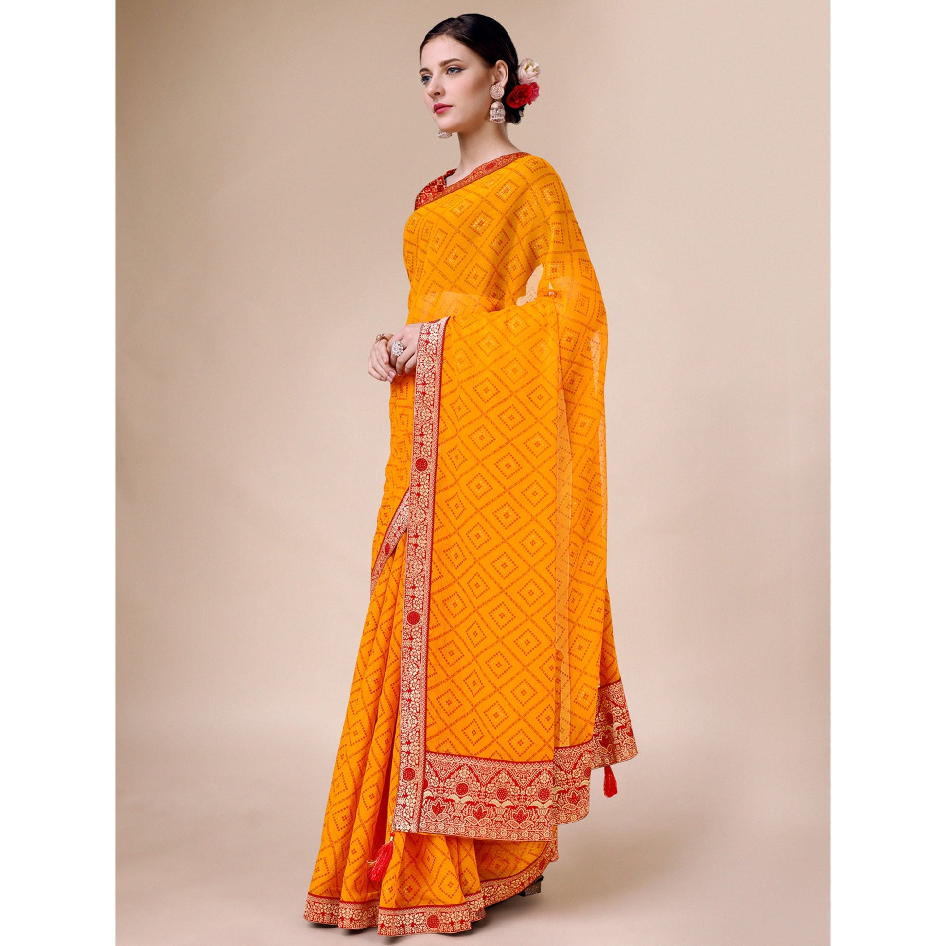 Bright Orange Bandhani Foil Printed Chiffon Saree With Tassels
