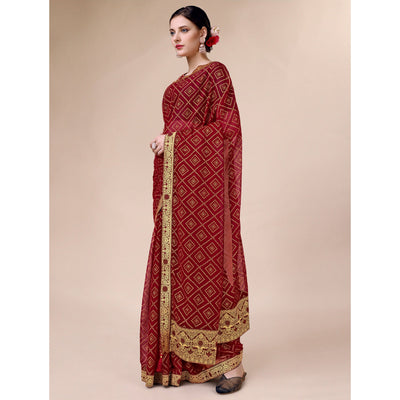 Maroon Bandhani Foil Printed Chiffon Saree With Tassels