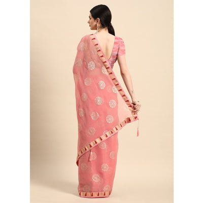 Light Pink Foil Printed With Swarovski Chiffon Saree