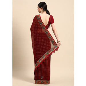Maroon Foil Printed With Swarovski Zomato Silk Saree